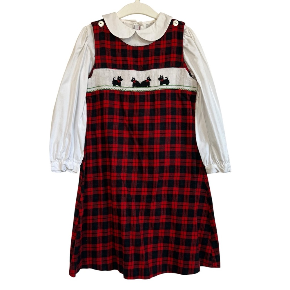 Vtg Silly Goose Hand Smocked Dogs Red Plaid Jumper Dress Set Long Sleeve Size 6X